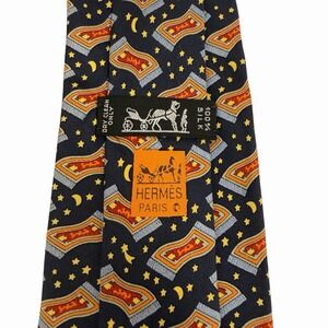 Hermes Men's Tie Flying Magic Carpet Night Navy Silk 7483 IA 3.25" (W) x 58" (L)